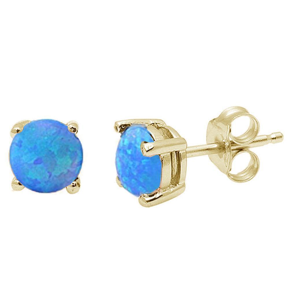 Sterling Silver Yellow Gold Plated Round Blue Opal Stud Earrings - silverdepot