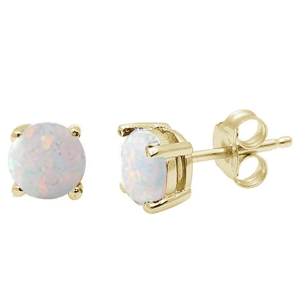 Sterling Silver Yellow Gold Plated Round White Opal Stud Earrings