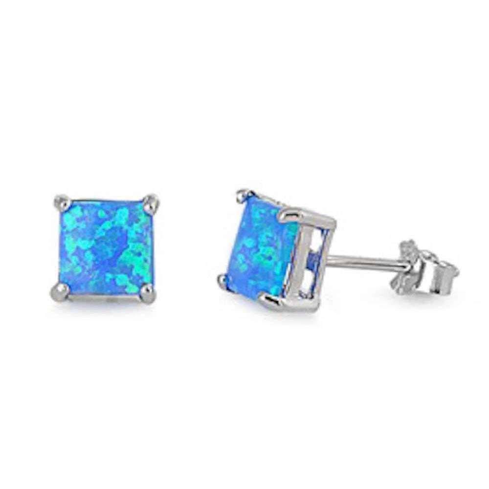 Sterling Silver Princess Cut Blue Opal Stud EarringsAnd Thickness 7mm