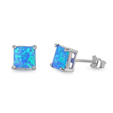 Sterling Silver Princess Cut Blue Opal Stud EarringsAnd Thickness 7mm