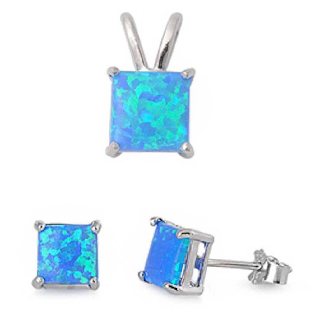 Sterling Silver Princess Cut Blue Fire Opal Earrings And Pendant Set