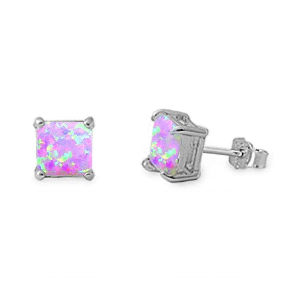 Sterling Silver Princess Cut Pink Opal Stud EarringsAnd Thickness 7mm