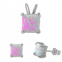 Load image into Gallery viewer, Sterling Silver Princess Cut Pink Fire Opal Earrings And Pendant SetAnd Pendant Width 8mmAnd Earrings Thickness 6mm