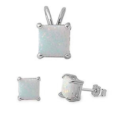 Sterling Silver Princess Cut White Fire Opal Earrings And Pendant Set