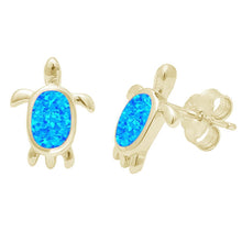 Load image into Gallery viewer, Sterling Silver Yellow Gold Plated Blue Opal Turtle Earrings