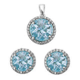 Sterling Silver Halo Simulated Aquamarine Pendant and Earring Set