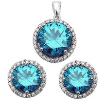 Load image into Gallery viewer, Sterling Silver Halo Simulated Blue Topaz Pendant and Earring Set - silverdepot