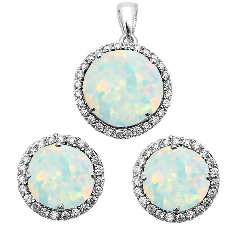 Sterling Silver White Opal And Cubic Zirconia Pendant And Earring Set