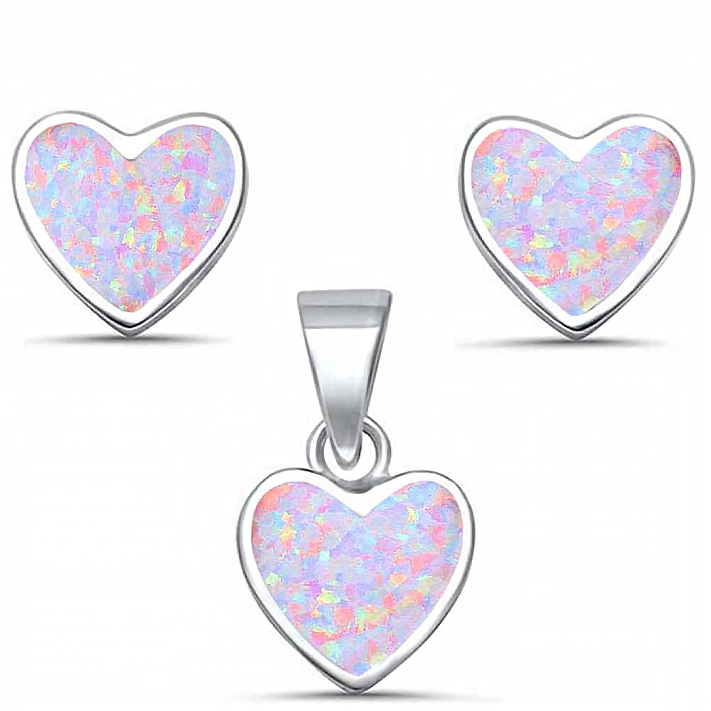 Sterling Silver Pink Opal Heart Shape Earring And Pendant Set