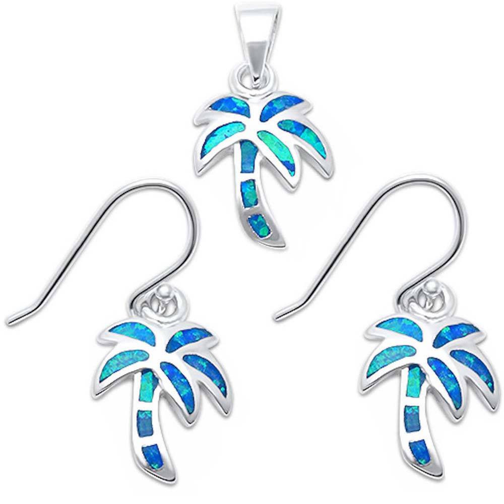 Sterling Silver Blue Opal Palm Tree Earrings And Pendant Set