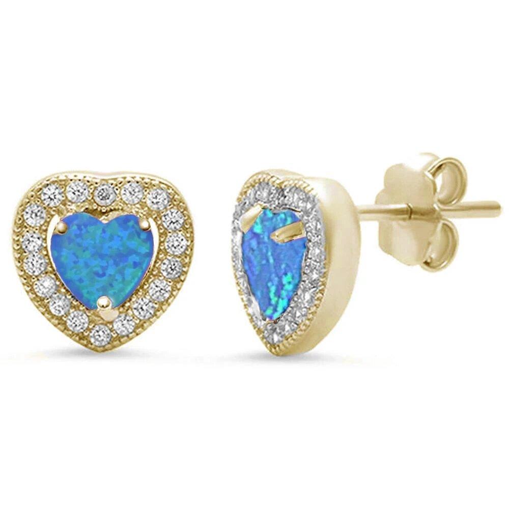 Sterling Silver Yellow Gold Plated Blue Opal and Pave Cz Heart Earrings