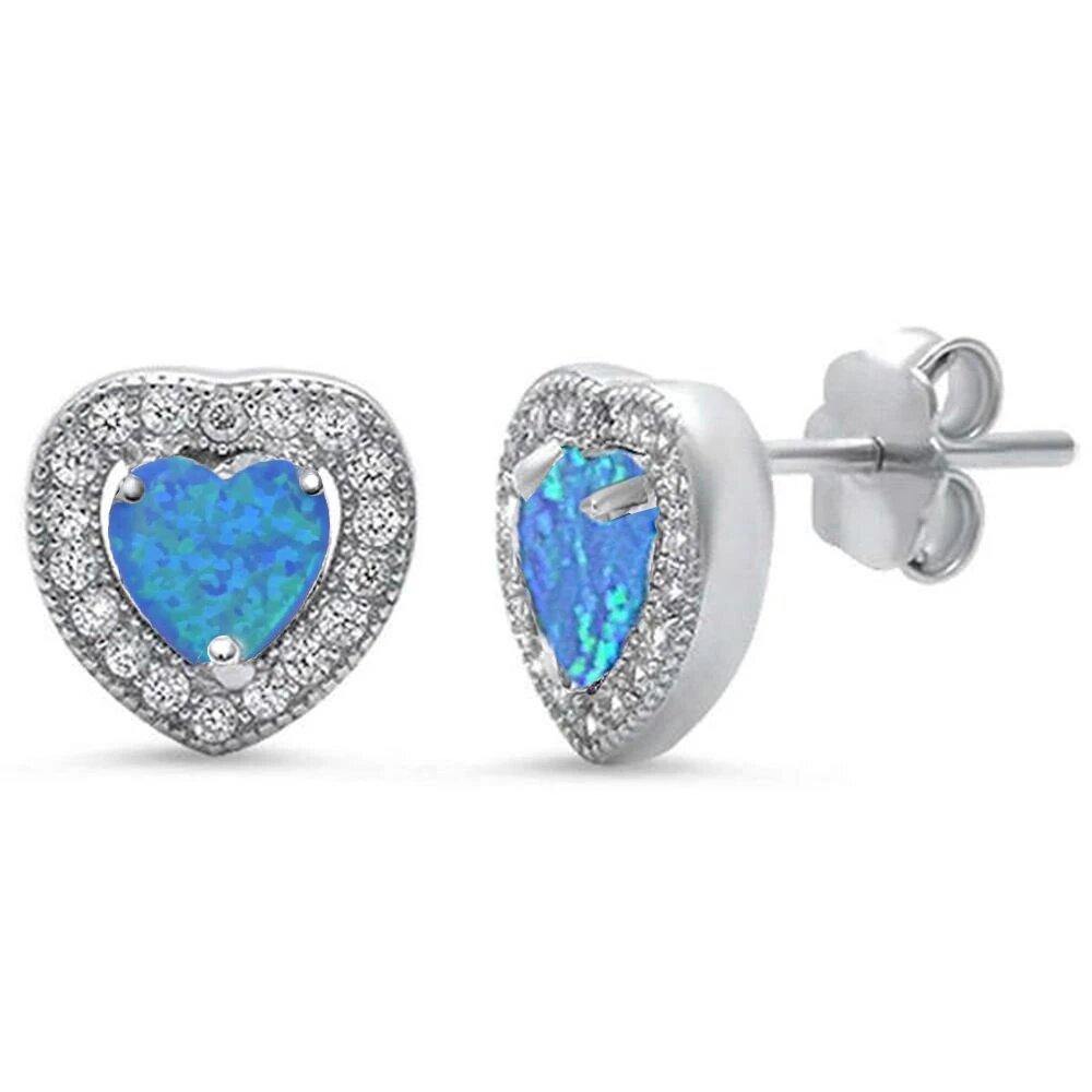 Sterling Silver Blue Opal and Pave Cz Heart Earrings - silverdepot