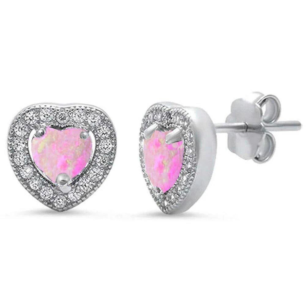 Sterling Silver Pink Opal and Pave Cz Heart Earrings - silverdepot