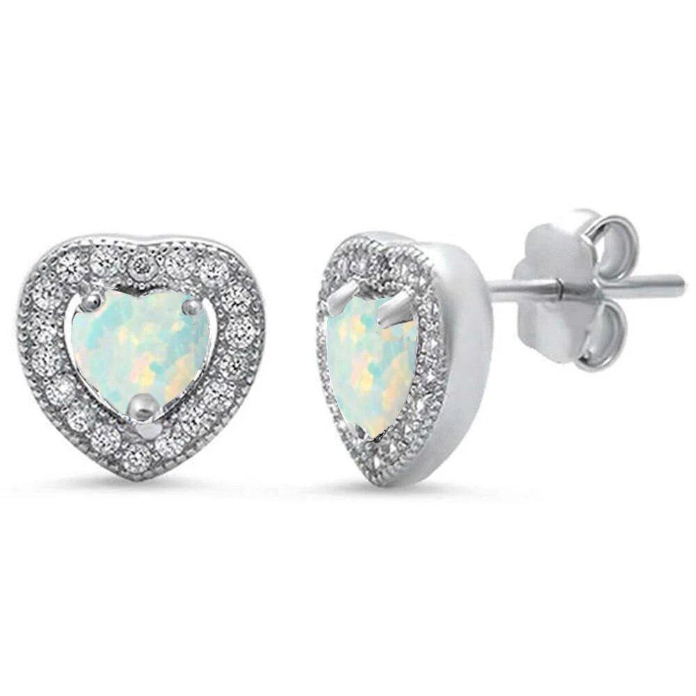 Sterling Silver White Opal and Pave Cz Heart Earrings - silverdepot