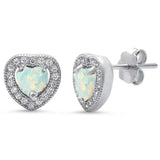 Sterling Silver White Opal and Pave Cz Heart Earrings