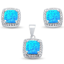 Load image into Gallery viewer, Sterling Silver Cushion Cut Blue Opal And CZ Stud Earrings And Pendant