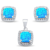 Sterling Silver Cushion Cut Blue Opal And CZ Stud Earrings And Pendant