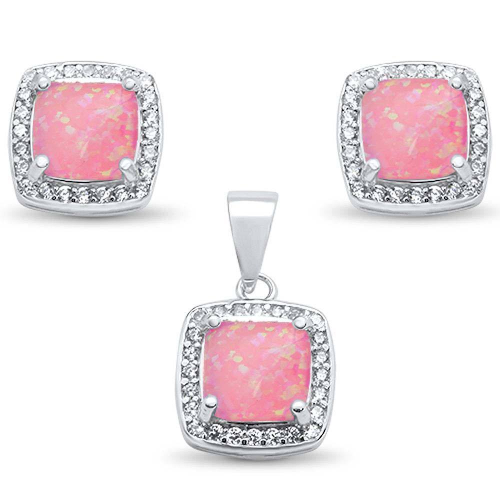 Sterling Silver Cushion Cut Pink Opal And CZ Stud Earrings And Pendant