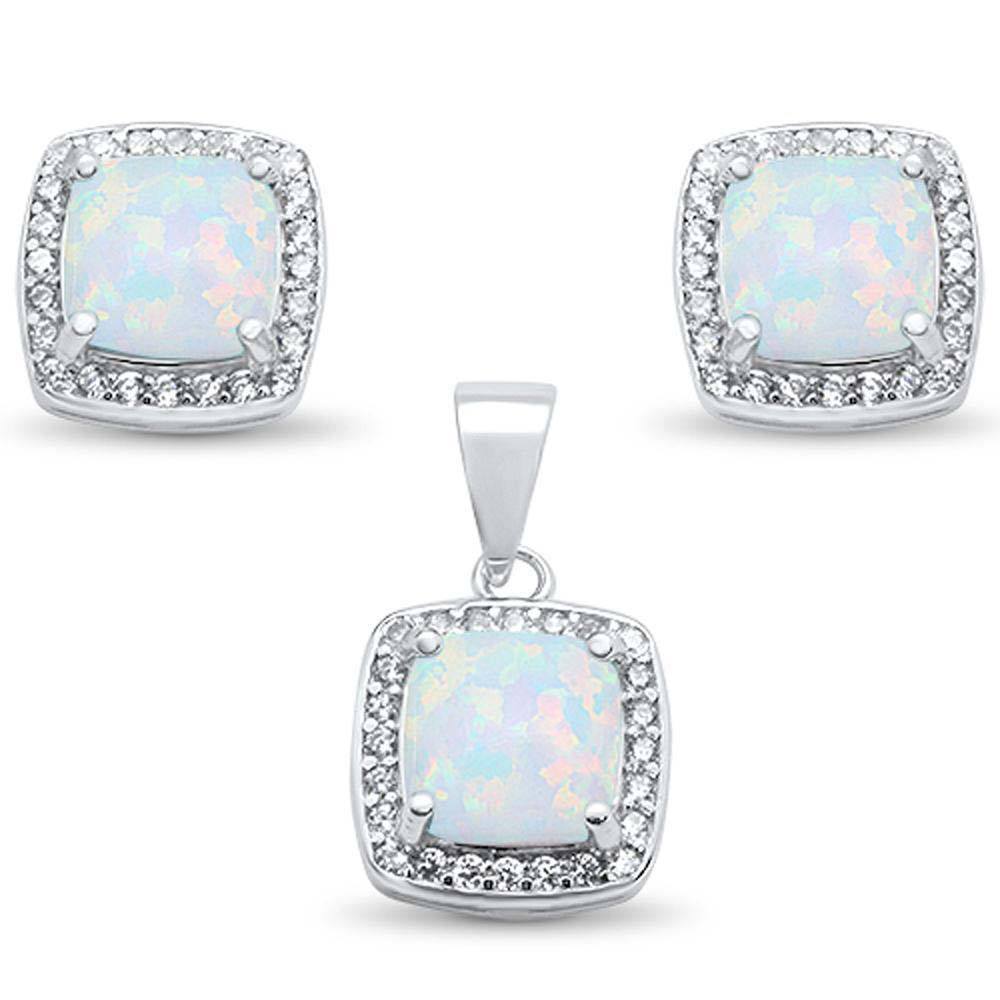 Sterling Silver Cushion Cut White Opal And CZ Stud Earrings And Pendant