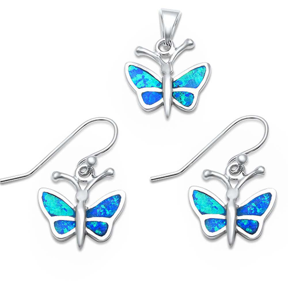 Sterling Silver Blue Fire Opal Butterfly Fish Hook Backing Pendant And Earrings SetAnd Length 3/4 x .5 Inch