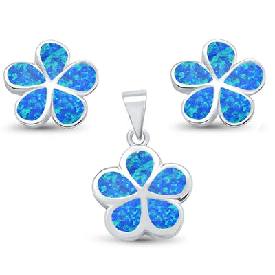 Sterling Silver Blue Opal Plumeria Stud Earrings And Pendant