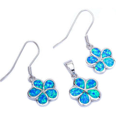 Sterling Silver Blue Fire Opal Plumeria Silver Pendant and Earrings SetAndLength 20mmAndWidth 25mm