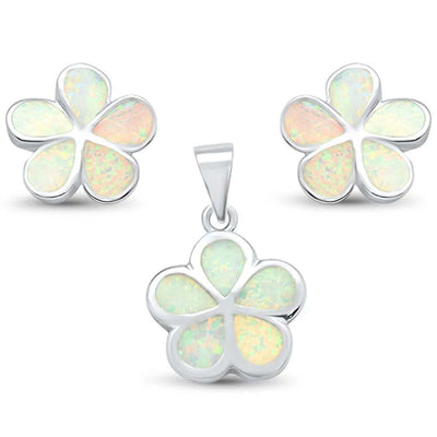 Sterling Silver White Opal Plumeria Stud Earrings And Pendant