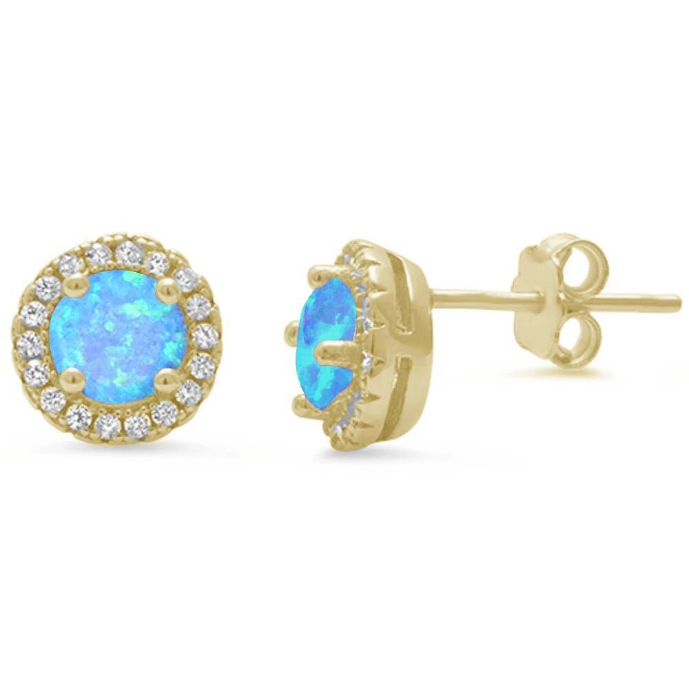 Sterling Silver Yellow Gold Plated Halo Blue Opal Earrings