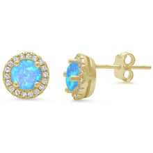 Load image into Gallery viewer, Sterling Silver Yellow Gold Plated Halo Blue Opal Earrings