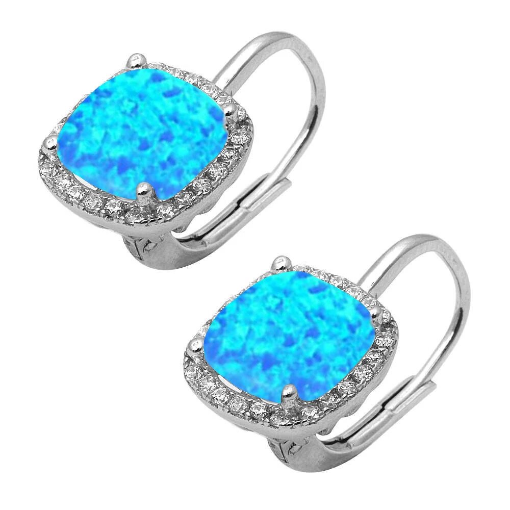 Sterling Silver Cushion Cut Blue Opal & Cubic Zirconia Earrings