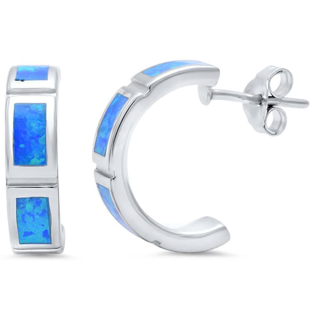 Sterling Silver Solid Blue Opal Huggie Hoop EarringsAnd Width 4mmAnd Thickness 17mm