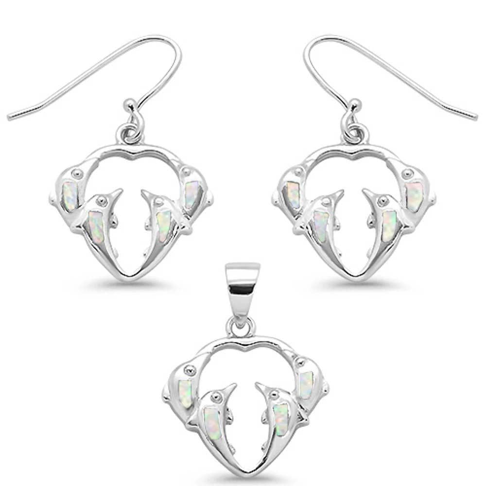 Sterling Silver White Opal Dolphines Dangling Earring And Pendant Set