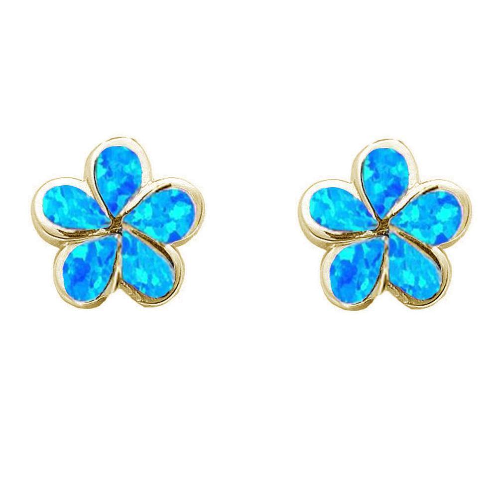 Sterling Silver Yellow Gold Plated Blue Opal Flower Earrings - silverdepot