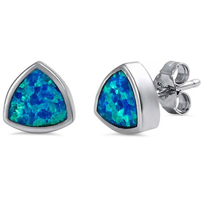 Sterling Silver Trillion Shape Blue Opal Studs Silver EarringsAndWidth 8mm