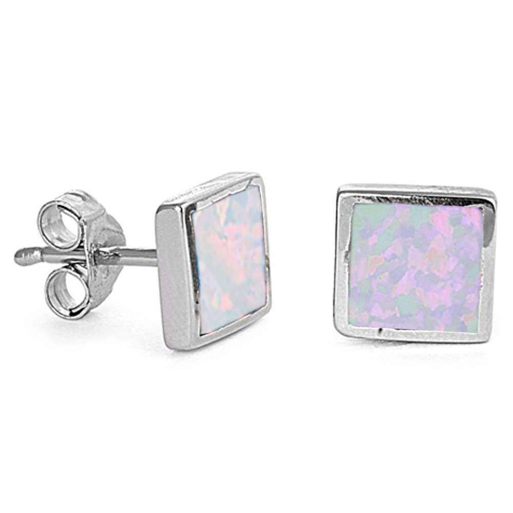 Sterling Silver White Opal Square Shape Stud EarringsAnd Thickness 7mm