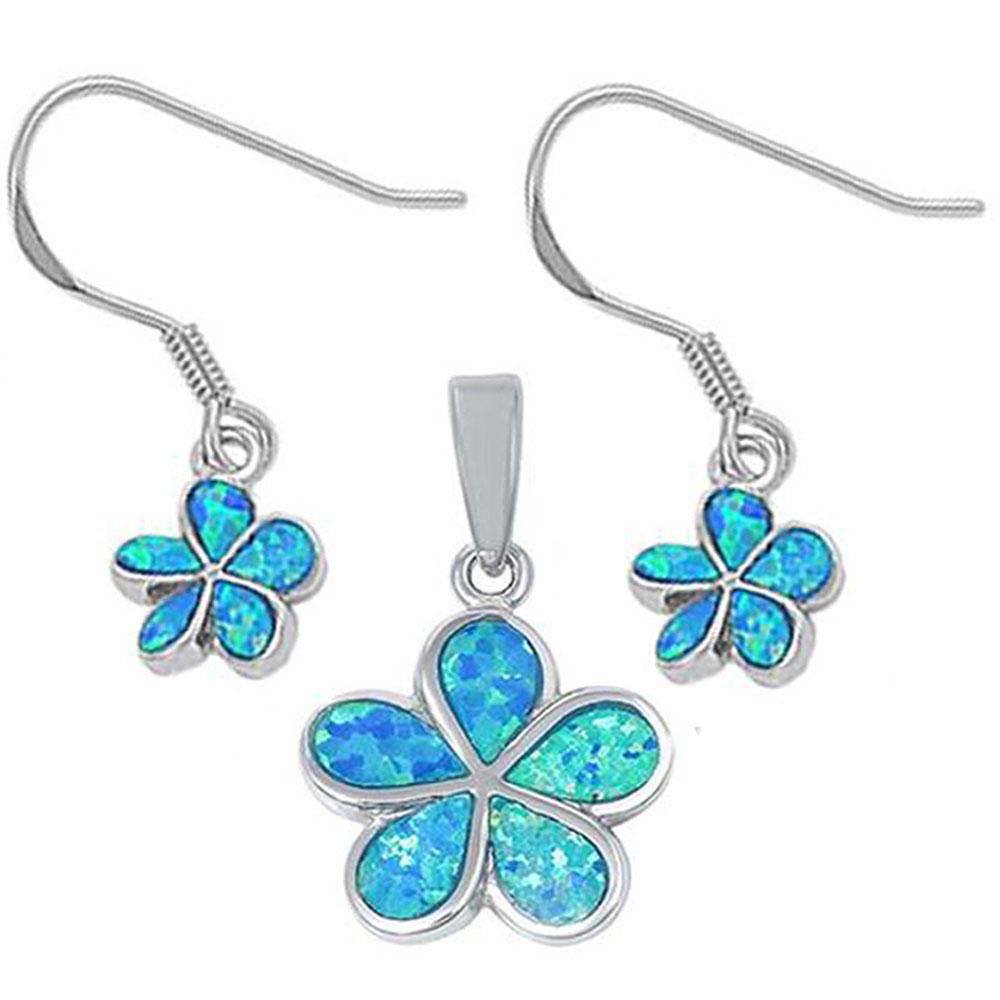 Sterling Silver Blue Opal Flower Earrings and Pendant Set and Silver Earrings SetAndPendant Length 20mmAnd Earring Width 30mm