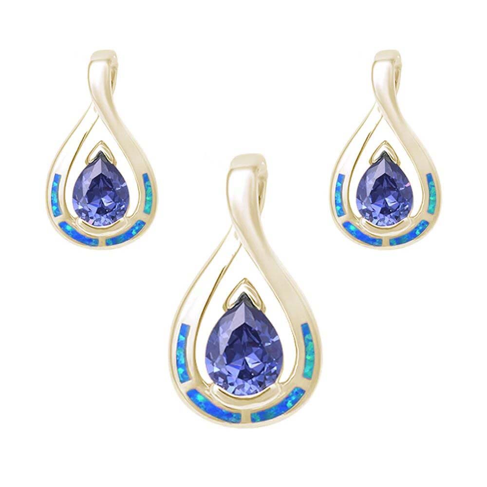 Sterling Silver Yellow Gold Plated Pear Shape Tanzanite and Blue Opal Earring and Pendant Set