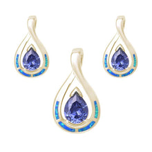 Load image into Gallery viewer, Sterling Silver Yellow Gold Plated Pear Shape Tanzanite and Blue Opal Earring and Pendant Set