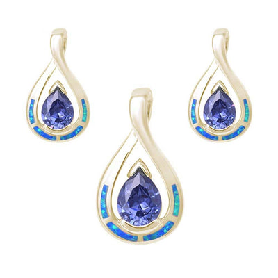 Sterling Silver Yellow Gold Plated Pear Shape Tanzanite and Blue Opal Earring and Pendant Set