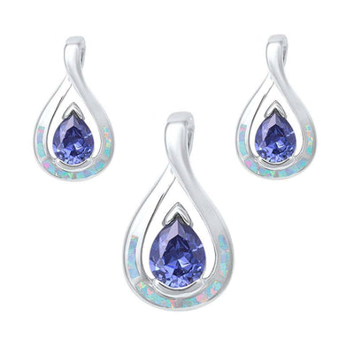 Sterling Silver Pear Shape Tanzanite and White Opal Earrings and Pendant Set, Pendant Length 1.06