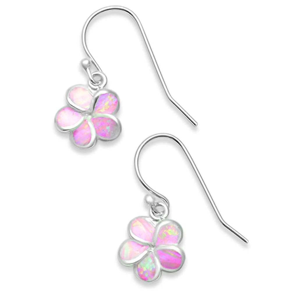 Sterling Silver Lab Created Pink Opal Plumeria Earrings