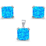 Sterling Silver Blue Opal Cushion Cut Earring And Pendant Set