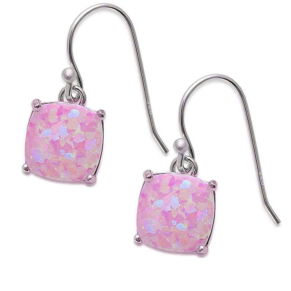 Sterling Silver Cushion Shape Pink Opal Dangle Style .925 EarringsAnd Thickness 9mm