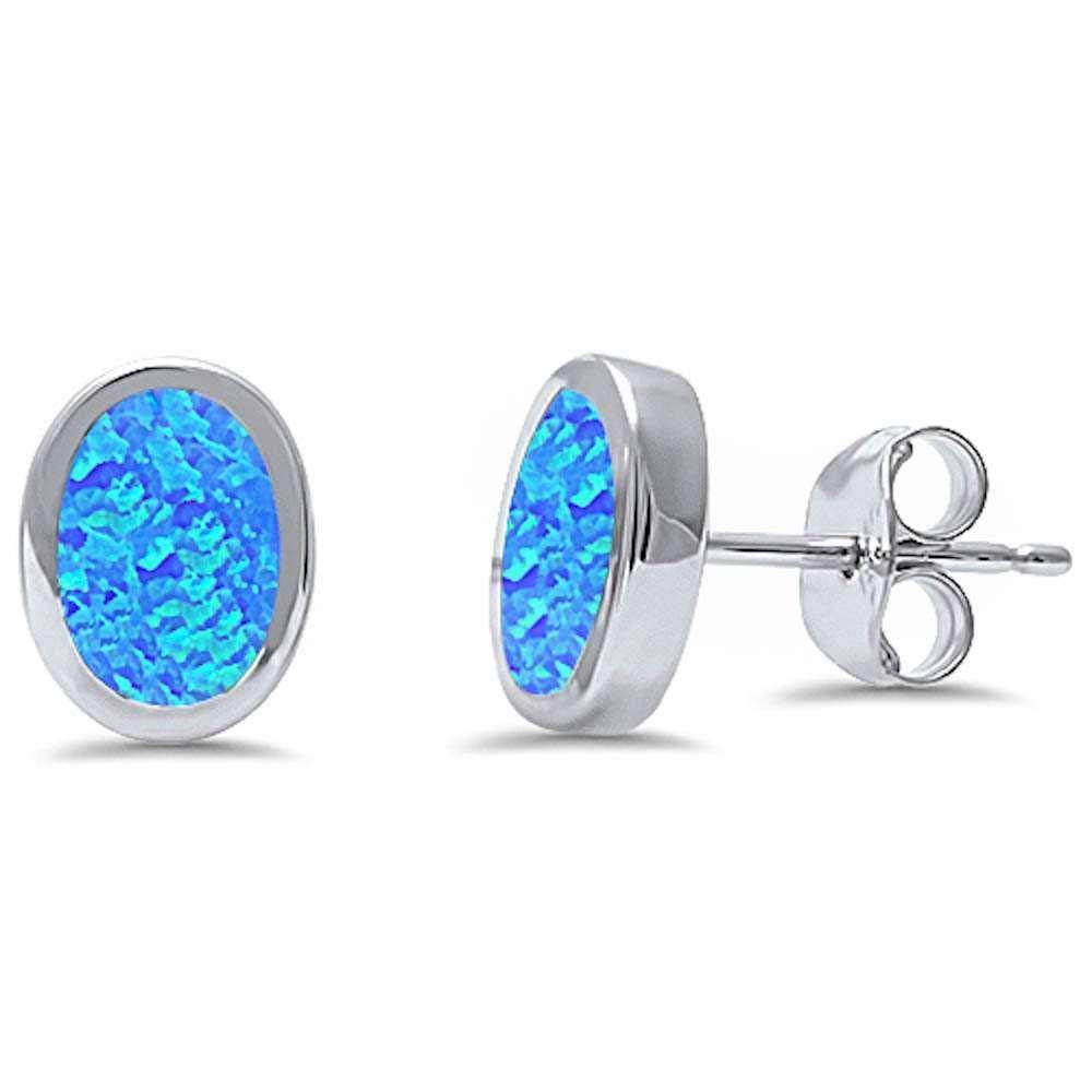 Sterling Silver Oval Shape Blue Opal Silver EarringsAndWidth 8mm