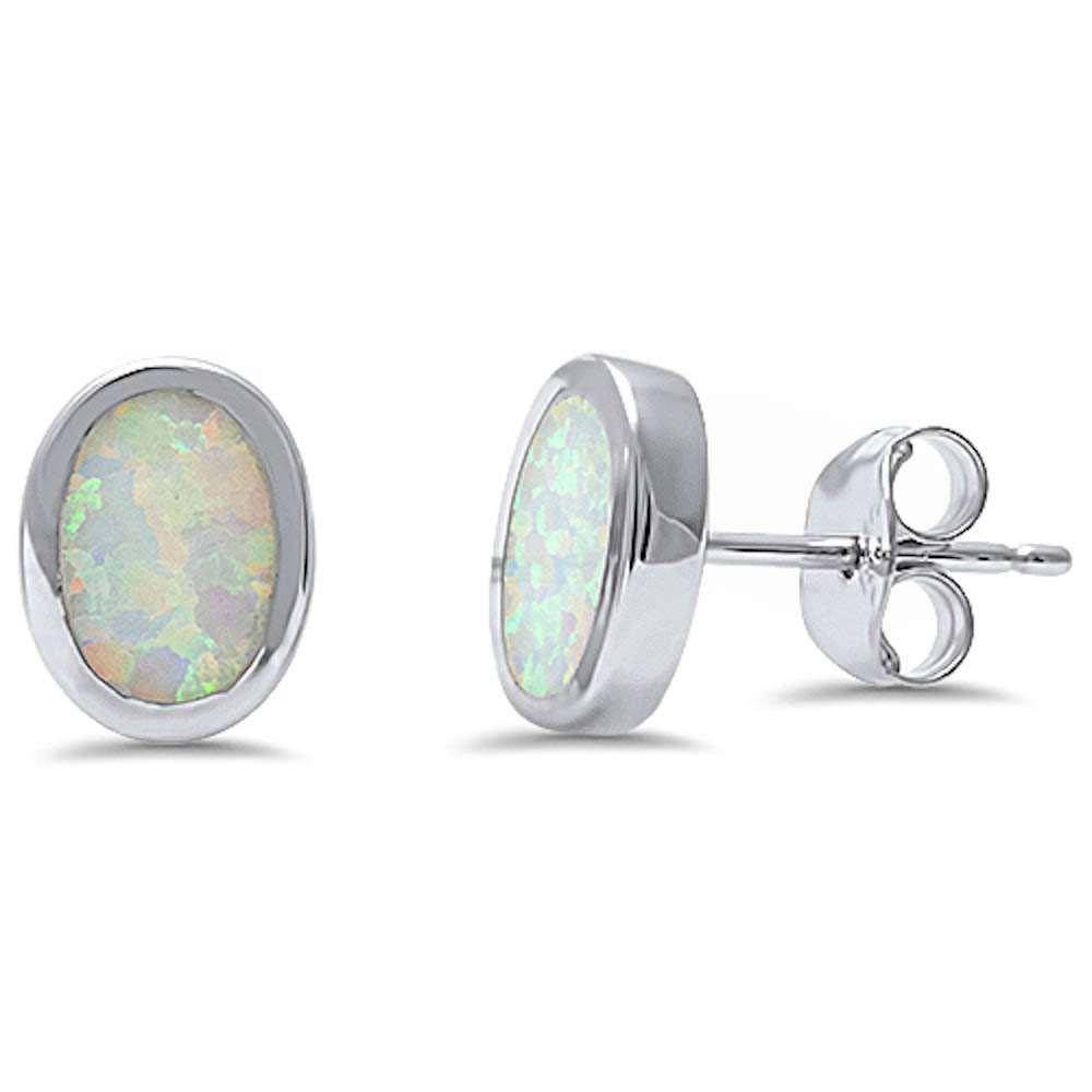 Sterling Silver Oval Shape White Opal Silver EarringsAndWidth 8mm