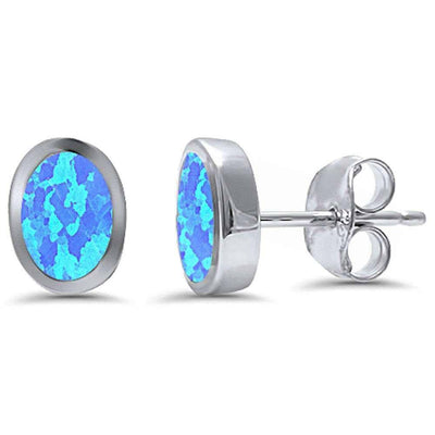 Sterling Silver Oval Shape Bezel Blue Opal Silver EarringsAndWidth 9mm