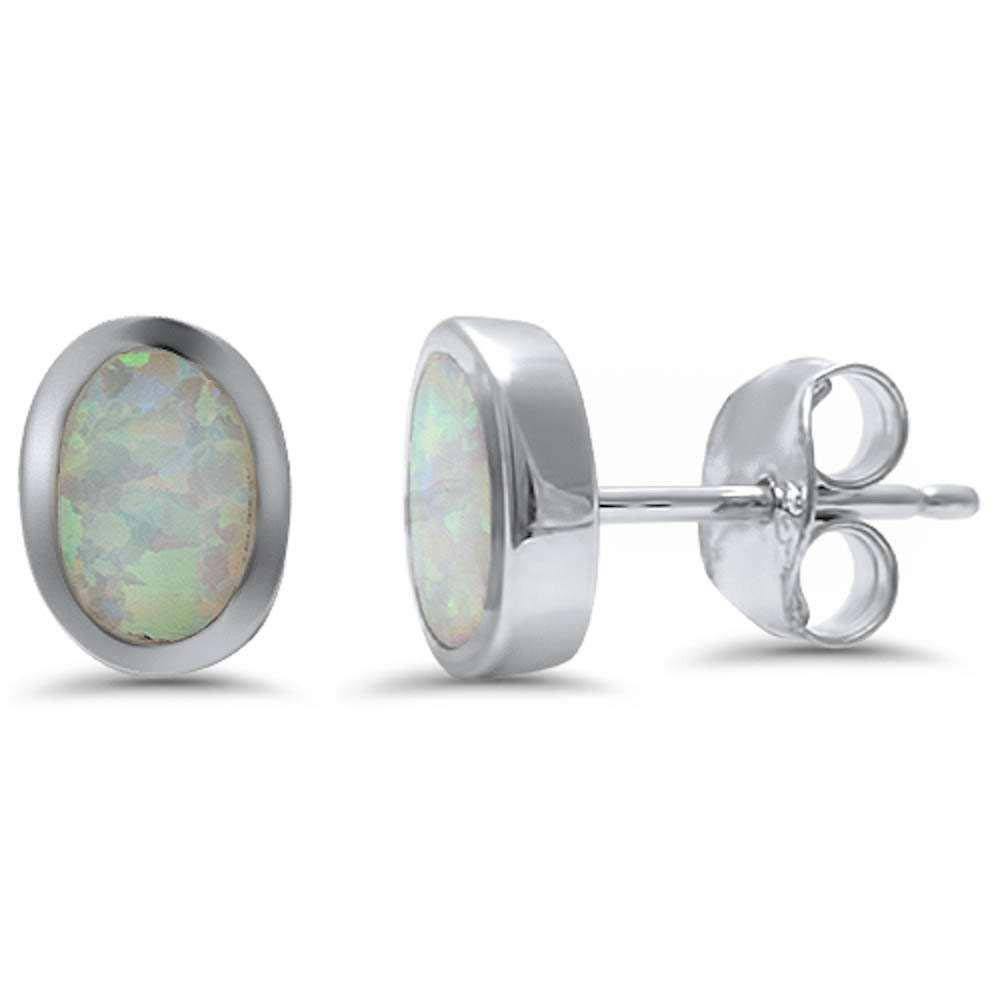 Sterling Silver Oval Shape Bezel White Opal Silver EarringsAndWidth 9mm