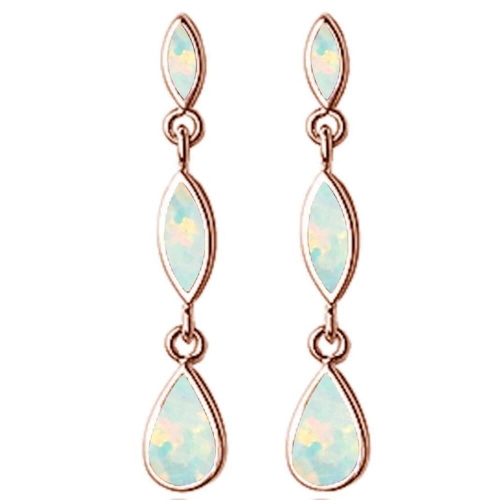 Sterling Silver Rose Gold Plated Dangle Marquis and Pear White Opal Earrings