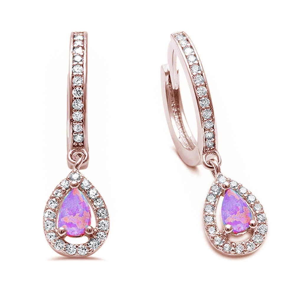 Sterling Silver Pink Opal and Cz Hoop Dangle Rose Gold Plated-Length-7mm