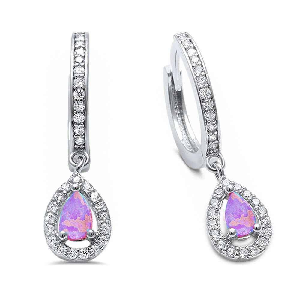 Sterling Silver Pink Opal And Cz Hoop Dangle .925 EarringsAnd Thickness 7mm